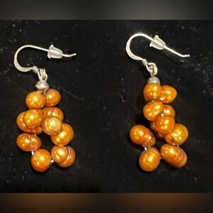VTG Burnt Orange Gold Pearl Cluster Earrings Fish Hook Y2K 90s